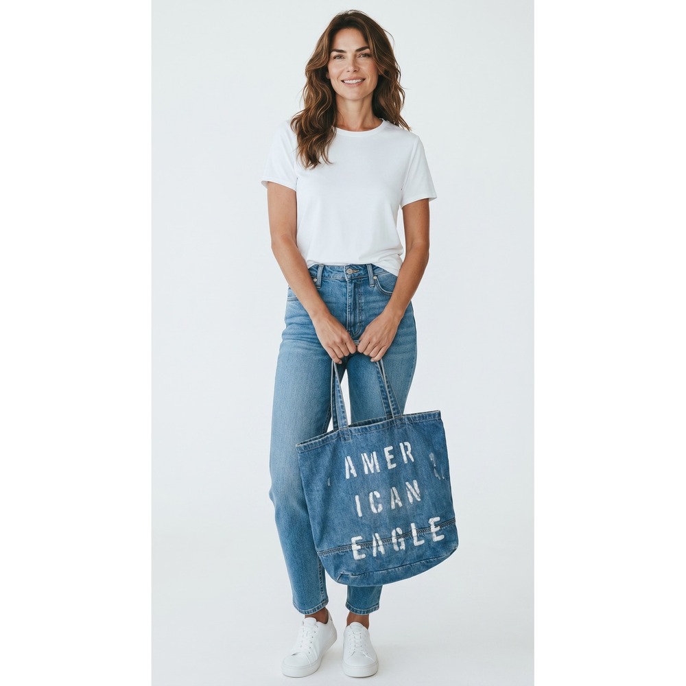 American Eagle Outfitters Denim Tote Bag Distressed Blue Jean Graphic Logo Large